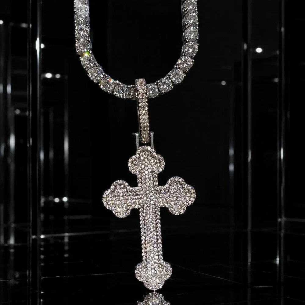 Silver Iced Tennis Cross Necklace 20inch